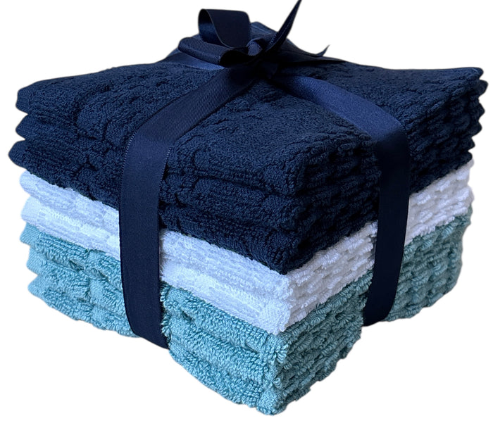 Wash Cloths Set of 8 - Checkered Design 100% Cotton Washcloths, Designed to exfoliate Your Hands, Body and face - Soft and Extra Absorbent Size 12" X 12".