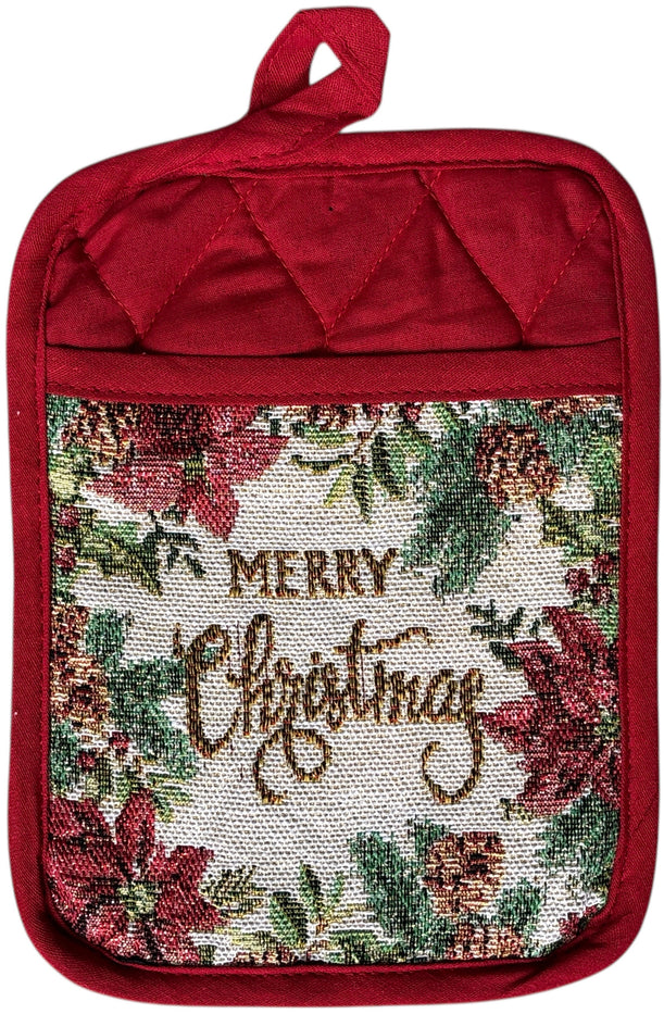 Red Poinsettia Flower 10 Pcs Tapestry Kitchen Set with Merry Christmas for Holiday Season, 4 Placemats, 4 Kitchen Towels, Oven Mitts, Pot Holders