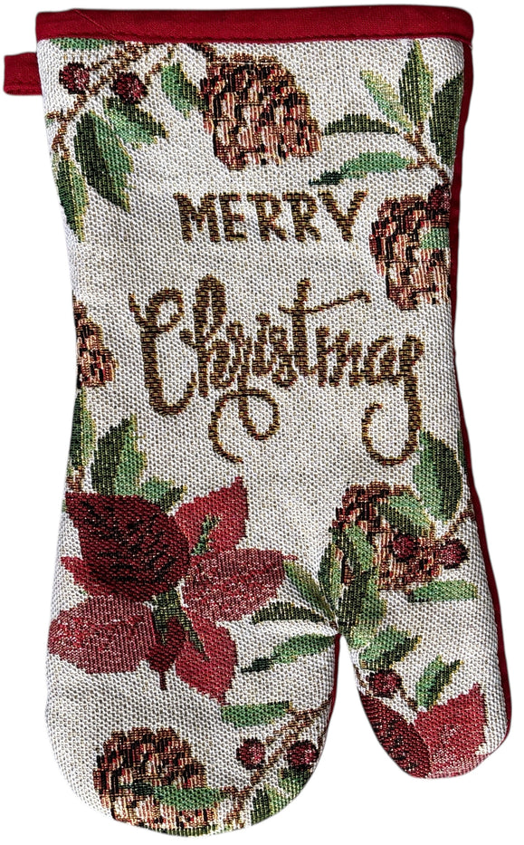 Red Poinsettia Flower 10 Pcs Tapestry Kitchen Set with Merry Christmas for Holiday Season, 4 Placemats, 4 Kitchen Towels, Oven Mitts, Pot Holders