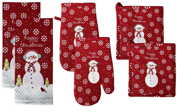 Snowman and snowflex Design with Happy Christmas, 6 Pcs Holiday Season Kitchen Towel Sets, 2 Kitchen Towels, 2 Potholder & 2 Oven mitt. Tree, Santa, Snowflake, Includes 4 Kitchen Towels, Pot Holder & Oven mitt.