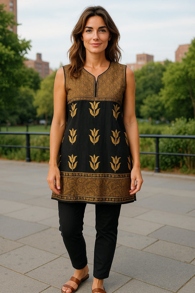 100% Cotton, Two tone color Tunic center panel floral with golden stripes Black Piping with V-neck and Sleeveless Knee-length Kurti, Top.