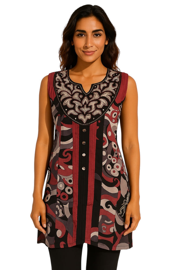 100% Cotton Floral and Geometric Pattern with black neckline embellished with silver embroidery. Round Neck Sleeveless, Tunic, Kurti.