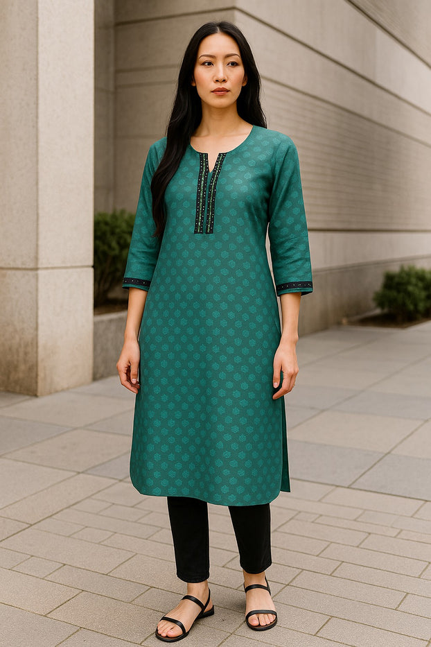 Demask Flower 100% Cotton Silk 3/4 Sleeves Round Neck with Mirror Work around Neck Women Casual Tunic, Tops Perfect for Travel, Festivals and More