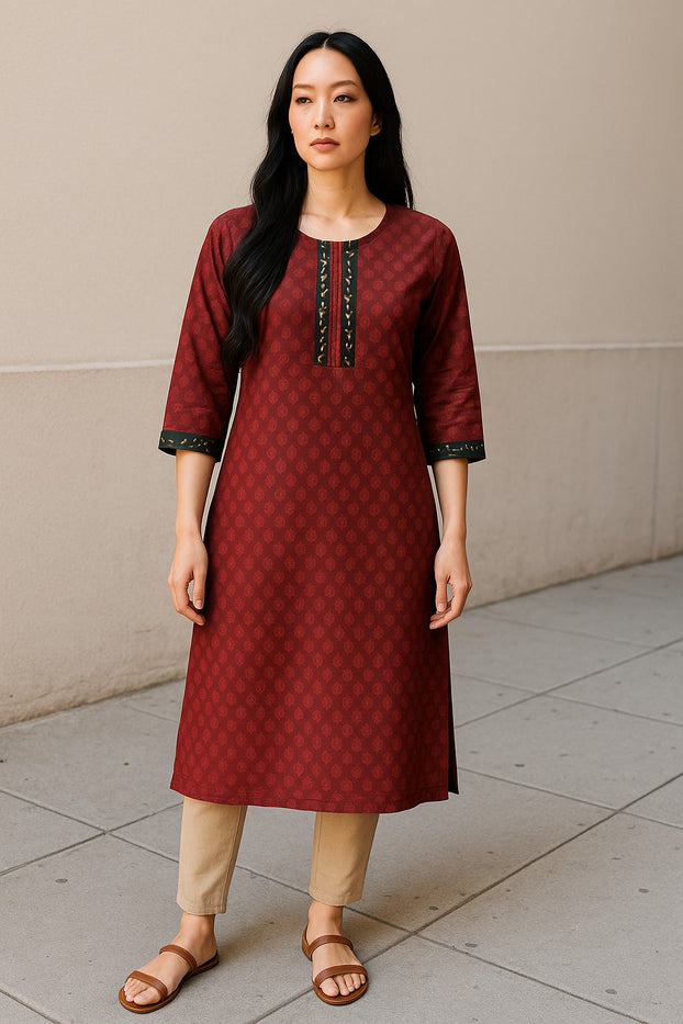 Demask Flower 100% Cotton Silk 3/4 Sleeves Round Neck with Mirror Work around Neck Women Casual Tunic, Tops Perfect for Travel, Festivals and More