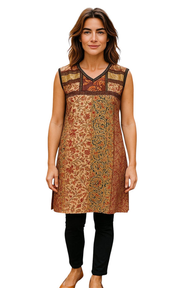 Tunic for Women Kalamkari Print Floral and Paisley Design with V-Neck Patch work Yoke Knee Length and Sleeveless Kurti, Top.
