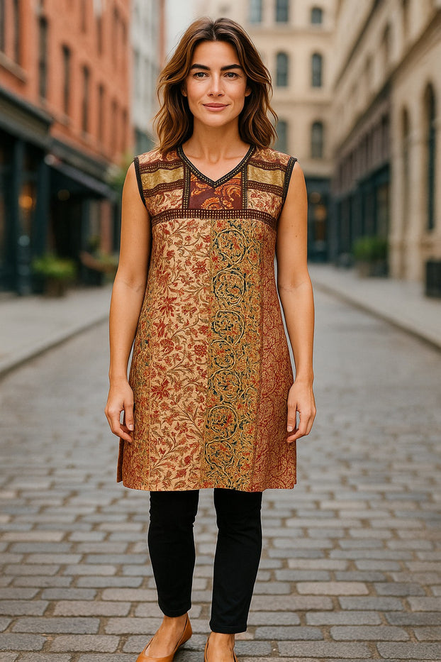Tunic for Women Kalamkari Print Floral and Paisley Design with V-Neck Patch work Yoke Knee Length and Sleeveless Kurti, Top.