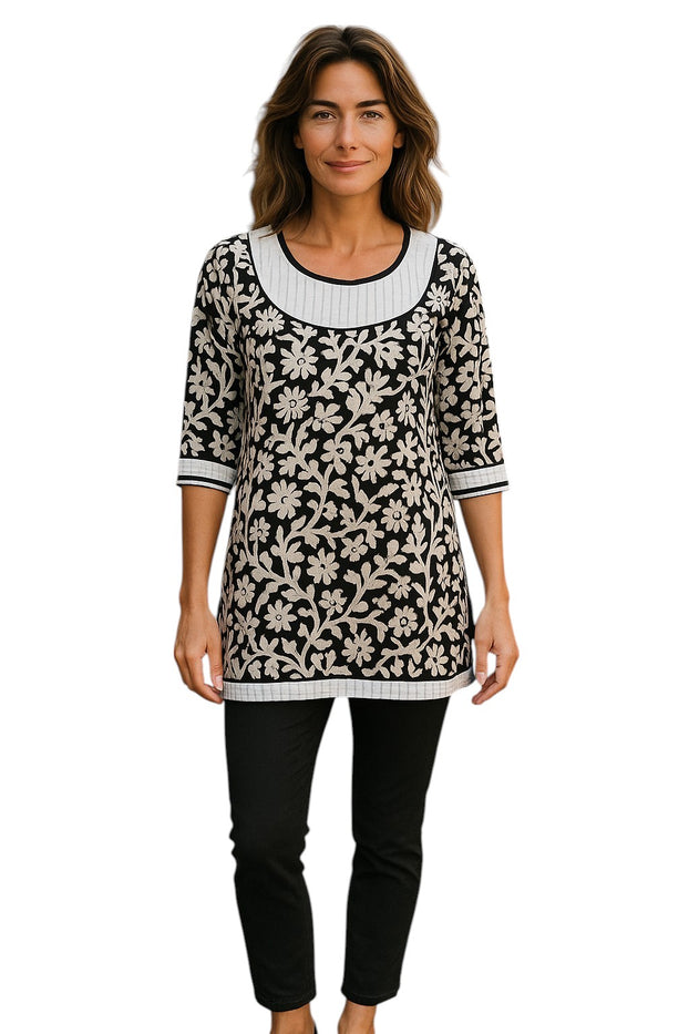 Black and white floral Print tunic for Women, 3/4 Sleeveless with a black and white trim at cuffs, and round neck Kurti, Top.