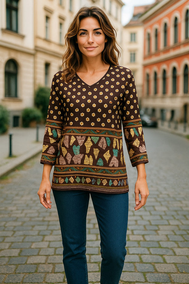 Women’s Printed Long Sleeves Crape Kurti Tunic tops with Gold Foil - 1011-L