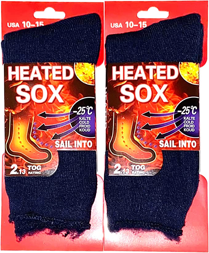2 Pairs, Men's Heated Sox Socks Thick Thermal Socks Keeps Feet Warmer Longer 2.3 TOG heat rating. Size: 10-15.