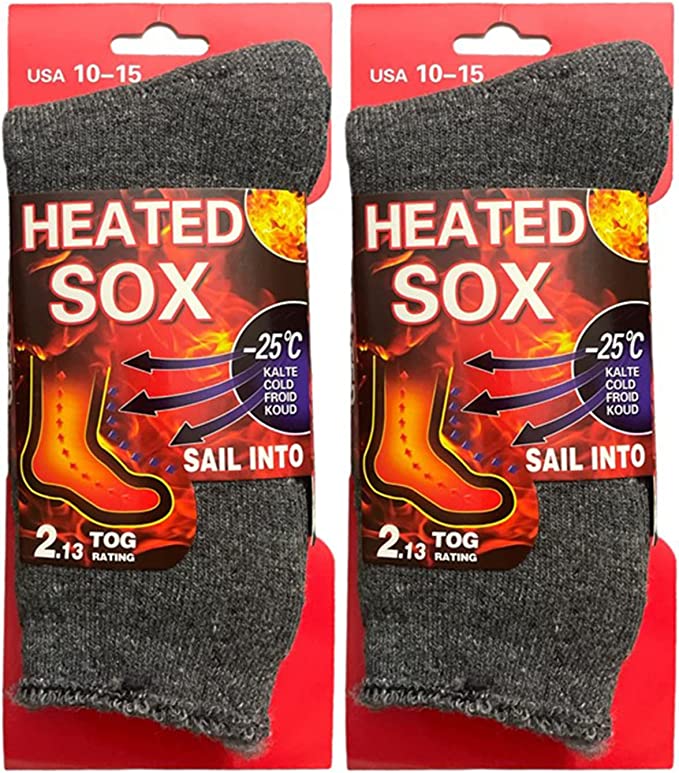 2 Pairs, Men's Heated Sox Socks Thick Thermal Socks Keeps Feet Warmer Longer 2.3 TOG heat rating. Size: 10-15.