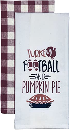 Turkey Football and Pumpkin Pie Harvest 2 Pcs Flour Sack and Gingham Check Kitchen Towels Size: 15" x 25".