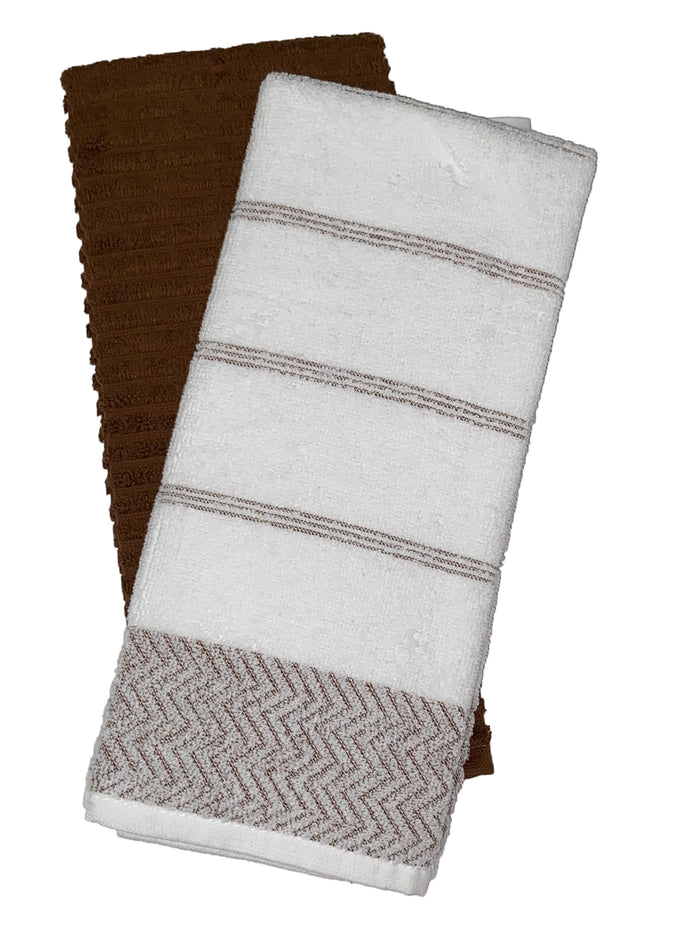 Zigzag Design with Stripes 100% Ring-Spun Terry Cotton Kitchen Dish Towels, Set of 4 - Size: 16 x 27 inch, 410 GSM, 2 White/Grey 2 Solid Grey with Hanging Loop Super Soft, Highly Absorbent.