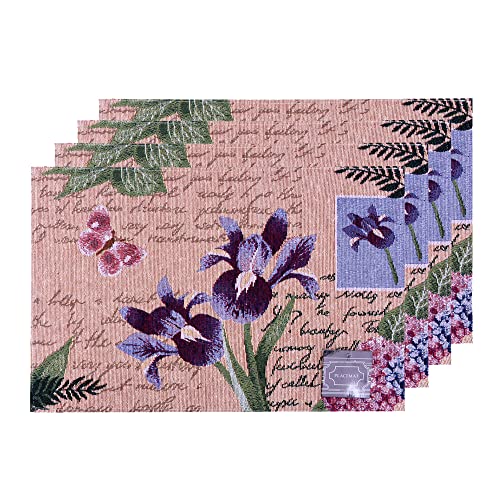 Set of 4, Iris Flowers Printed Tapestry placemats for Dining Table, Table mat for Kitchen Table, Spring and Summer Collection Easy to Clean, Machine Washable Size: 13 x 19 Inches.