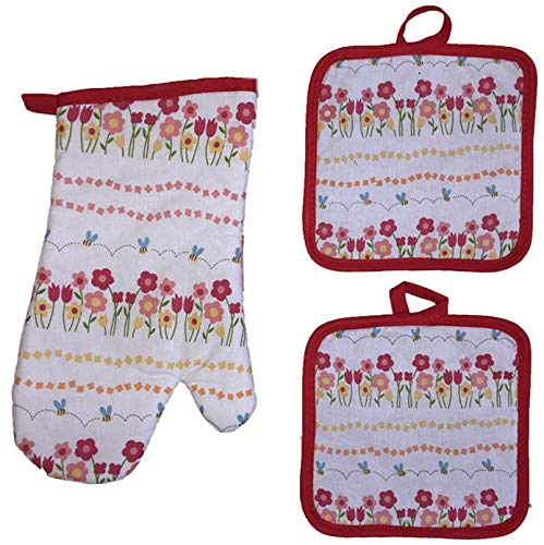 Spring Flower with Butterfly Print Design 6 Pcs Non-Slip, Heat Resistant Kitchen Towel Set, Includes 4 Potholders, 2 Oven Mitts.