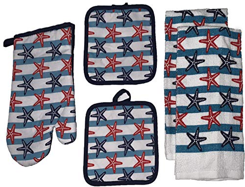Set of 5, Nautical Coastal Starfish Design Printed Decorative Kitchen Towel Set Includes 2 Kitchen Towel, 2 Pot Holder, 1 Oven Mitt.