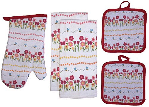 Set of 5, Spring Flower with Butterfly Collection Printed Decorative Kitchen Towel Set Includes 2 Kitchen Towel, 2 Pot Holder, 1 Oven Mitt.