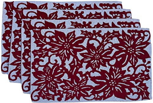 Set of 4, Chenille Textured Red Poinsettia Flower Design Christmas Tapestry Placemats for Holiday Season, Kitchen Dining Table, Easy to Clean Size: 13" x 19".
