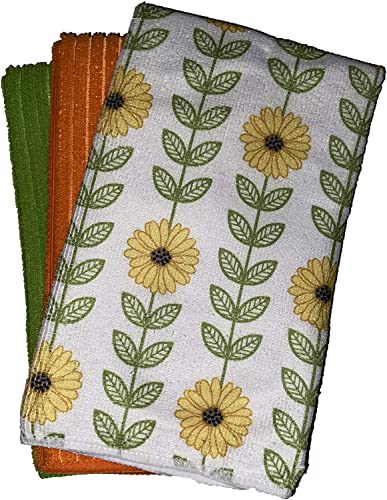 Set of 6, Sunflower Design Microfiber Kitchen Towels / Bar Mop, Ultra-Absorbent