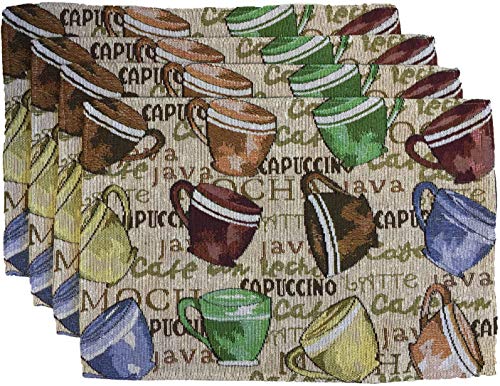 Set of 4, Cafe Printed Tapestry Placemats Capuccino Coffee Cup for Dining Table, Table mat for Dining Room Easy to Clean, Machine Washable Size: 13” x 19”.