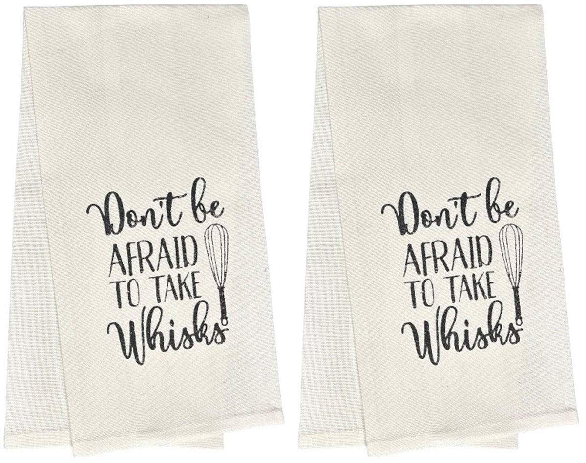 Set of 2, 100% Cotton Funny Cute Saying Flour Sack Kitchen Towels / Dish Towels – Don't be AFRAID TO TAKE Whisks.Size: 15 X 25 Inch.