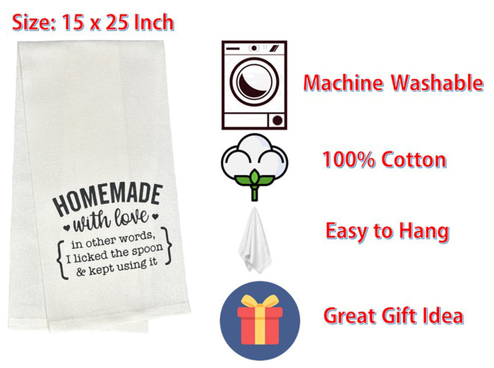 Set of 2, 100% Cotton Funny Cute Saying Flour Sack Kitchen Towels / Dish Towels – HOMEMADE with love in other words I Licked the spoon & kept using it. Size: 15 X 25 Inch.