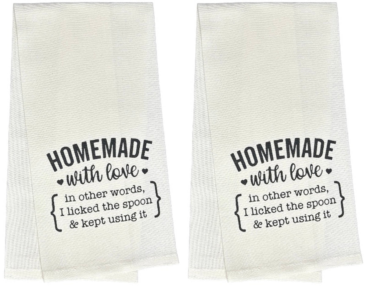 Set of 2, 100% Cotton Funny Cute Saying Flour Sack Kitchen Towels / Dish Towels – HOMEMADE with love in other words I Licked the spoon & kept using it. Size: 15 X 25 Inch.