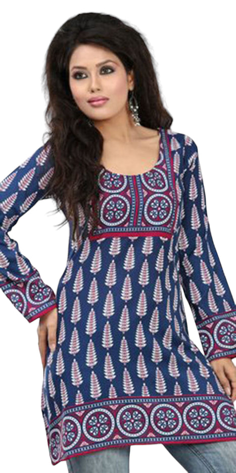 Tunic for Women Short Printed Kurtis Long Sleeves Crepe Kurti Kurta Tops - Mixed