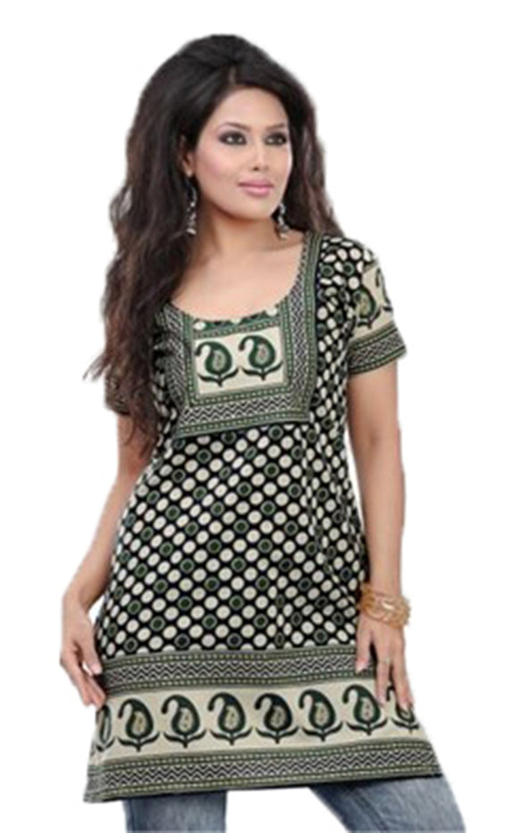 Indian Style 100% Cotton Printed Short Kurtis for Women V-Neck, Short Sleeves Tunic Top Blouse. 1008-SS