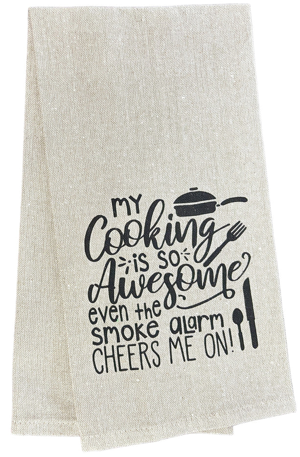 Set of 2, My Cooking is so Awesome Even The Smoke Alarm Cheers me on!. Funny Flour Sack Kitchen Towels for Wedding, Baby Shower, Home Decor, Housewarming 15 X 25 Inch.