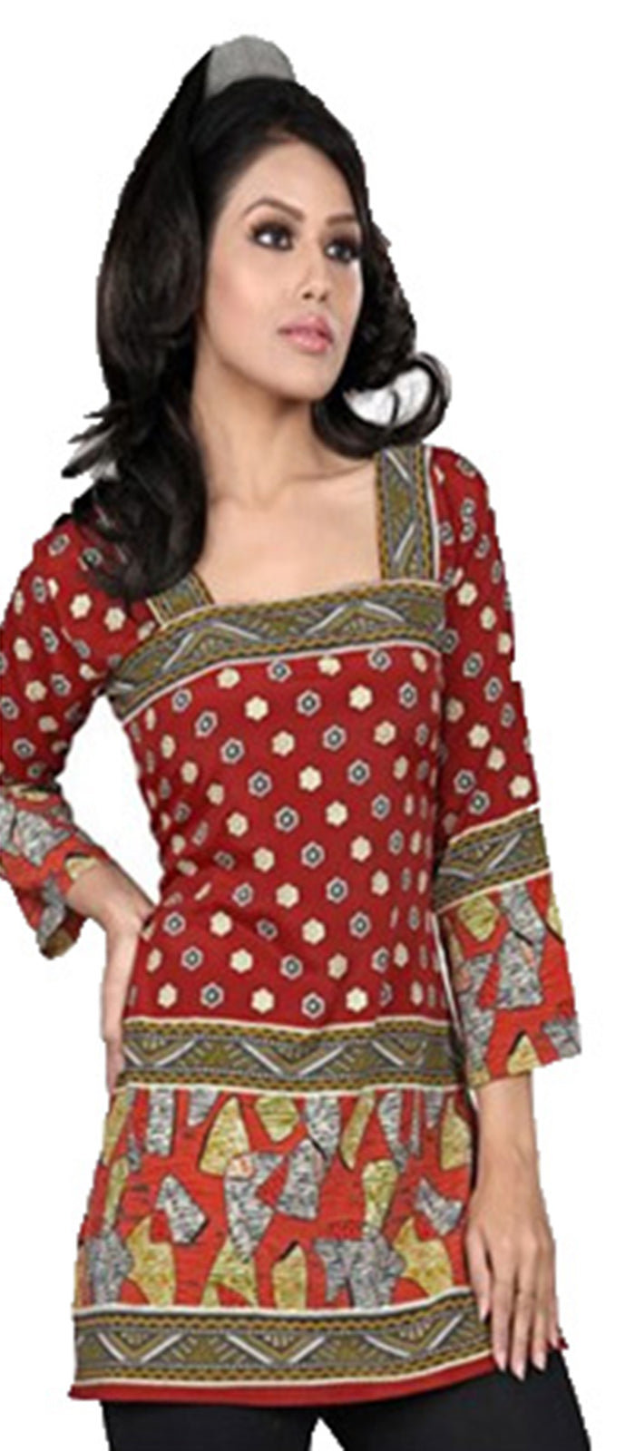 Tunic for Women Square Neck with Gold Foil and Printed Short Crape Kurti Kurta 3/4 Sleeves Tunic Top.