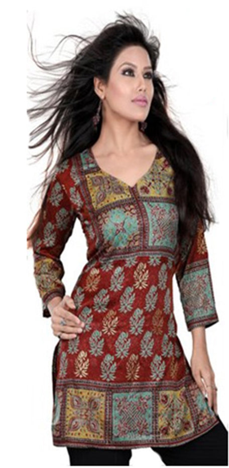 Tunic for Women Printed Short Crape Kurti Kurta V-Neck 3/4 Sleeves Tunic Top.