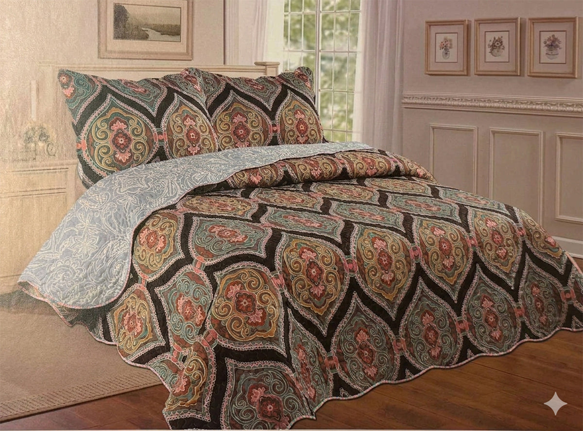 3 Pcs, Reversible Cotton Quilt Set, 2 Pillowcases & 1 Quilt