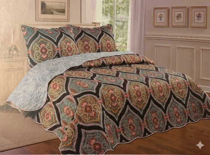 3 Pcs, Reversible Cotton Quilt Set, 2 Pillowcases & 1 Quilt