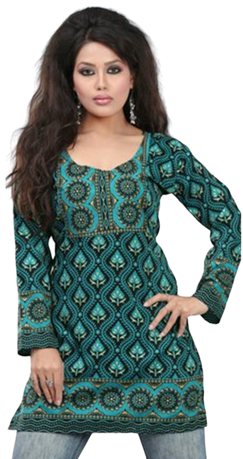 Tunic for Women Short Printed Kurtis Long Sleeves Crepe Kurti Kurta Tops - Mixed