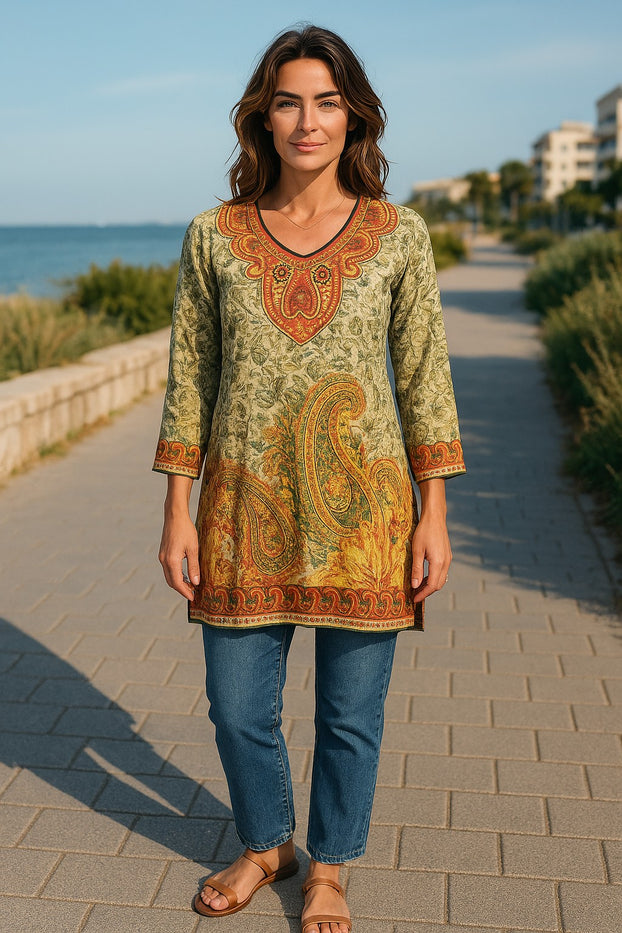 Digital Printed Pure cotton tunic, Multi color with paisley motifs, Short Kurti, Soft and Breathable Top. - 1080-L