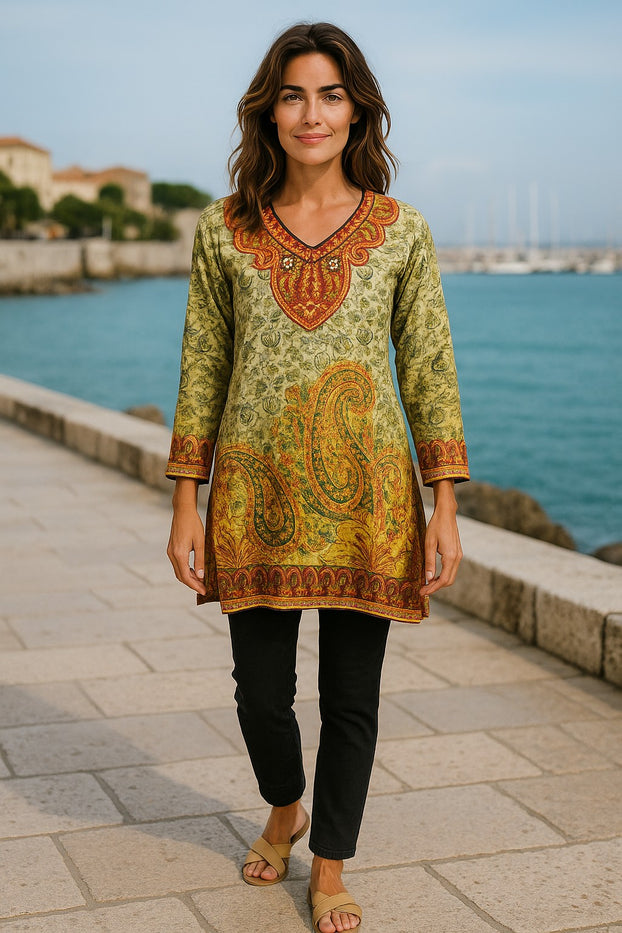Digital Printed Pure cotton tunic, Multi color with paisley motifs, Short Kurti, Soft and Breathable Top. - 1080-L