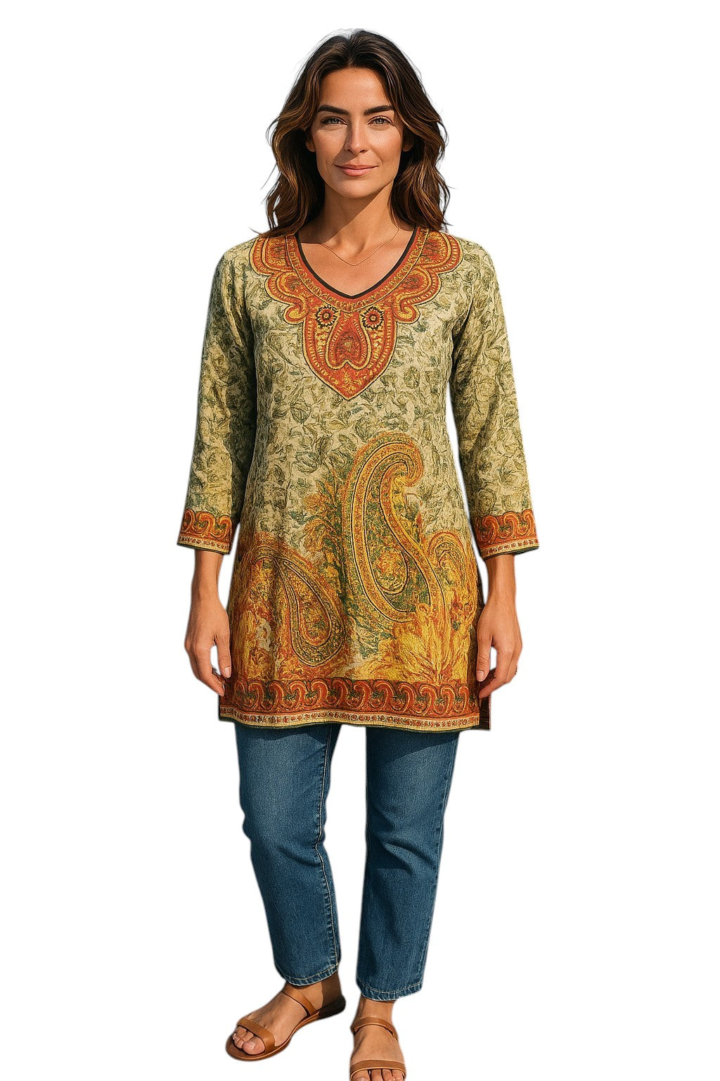 Digital Printed Pure cotton tunic, Multi color with paisley motifs, Short Kurti, Soft and Breathable Top. - 1080-L