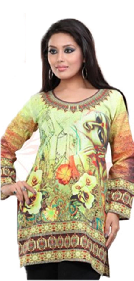 Tunic for Women 100% Cotton Digital Printed Round Neck Short Kurti Kurta Long Sleeves Tunic Top - 1082-L