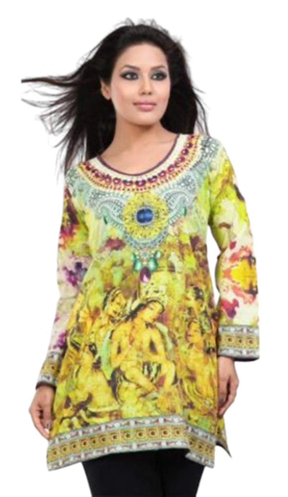 Tunic for Women 100% Cotton Digital Printed Round Neck Short Kurti Kurta Long Sleeves Tunic Top - 1085-L