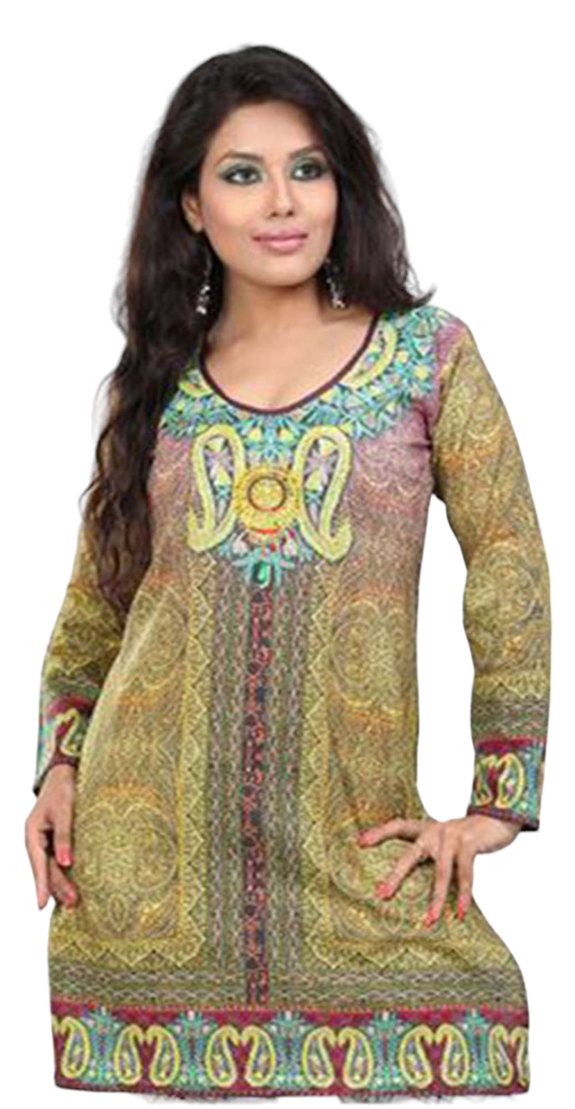 Tunic for Women 100% Cotton Digital Printed Round Neck Short Kurti Kurta Long Sleeves Tunic Top - 1086-L