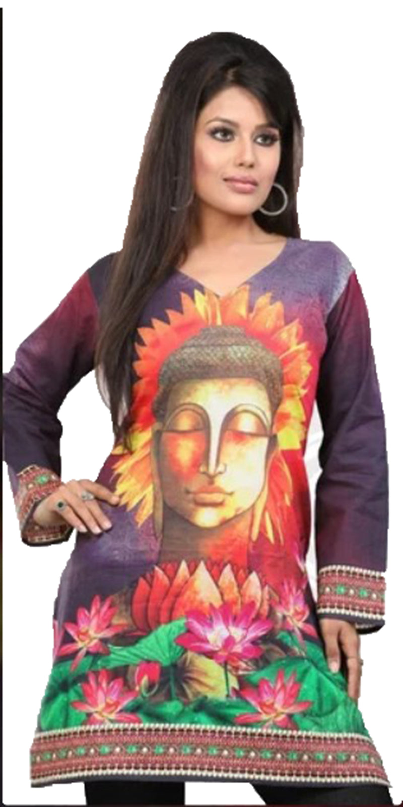 Tunic for Women 100% Cotton Digital Printed V-Neck Short Kurti Kurta Long Sleeves Tunic Top.