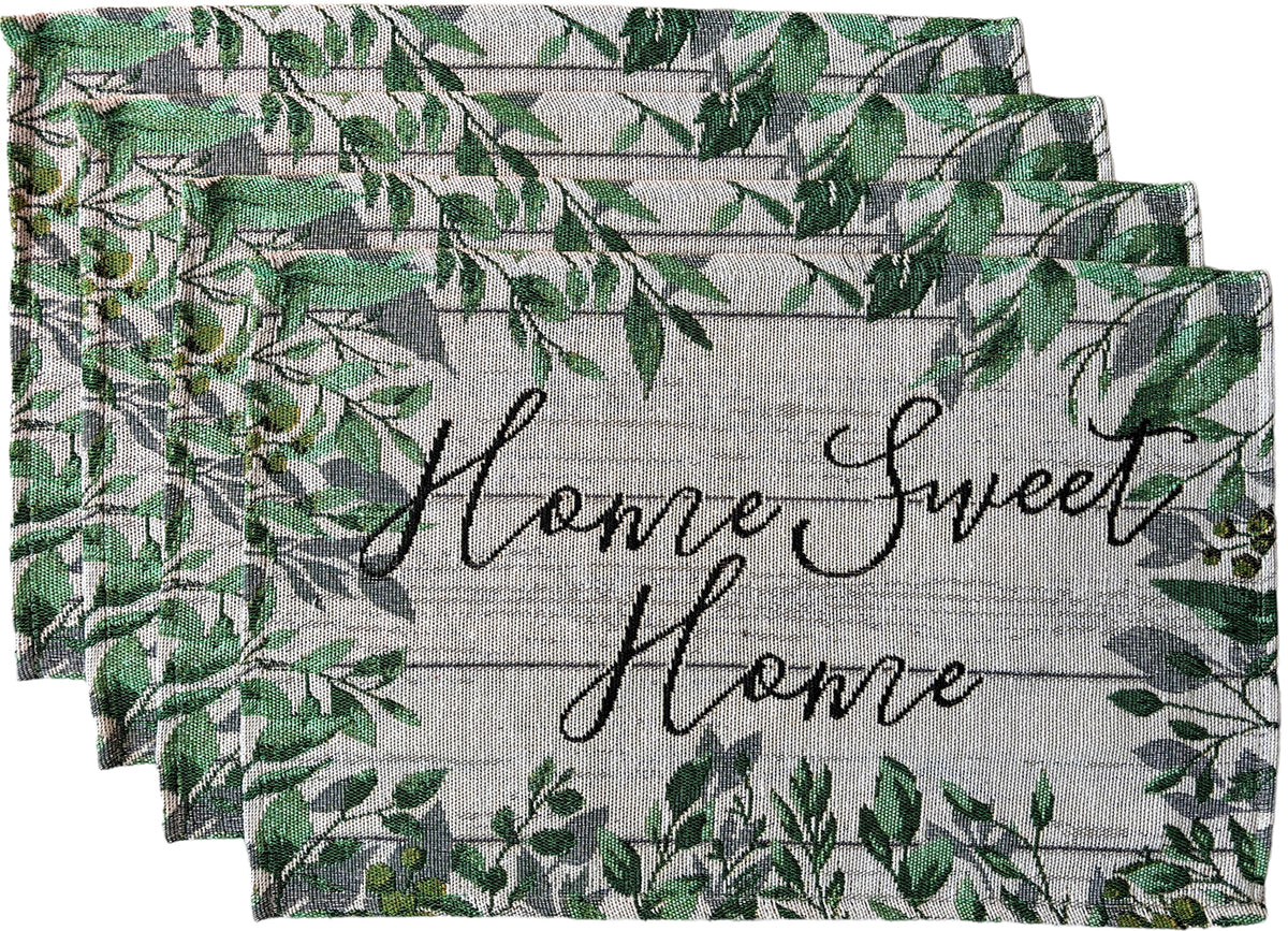 Set of 4, Green Leaf with Home Sweet Home Tapestry Placemats for Kitchen Dining Table Mats, Easy to Clean, Machine Washable. Size: 13" x 19".