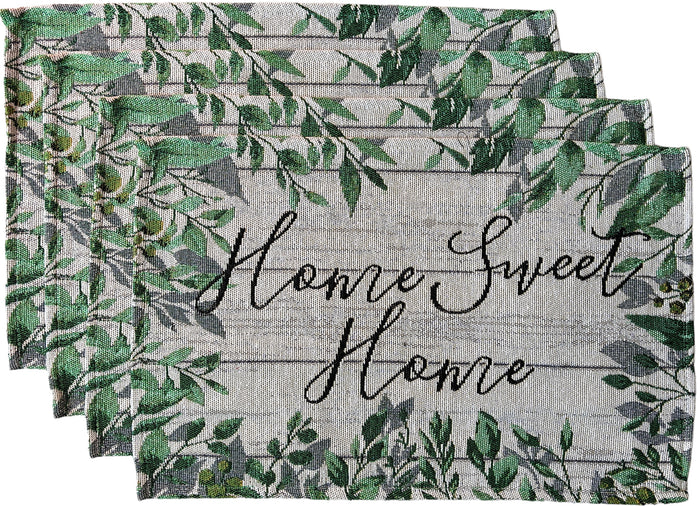 Set of 4, Green Leaf with Home Sweet Home Tapestry Placemats for Kitchen Dining Table Mats, Easy to Clean, Machine Washable. Size: 13" x 19".