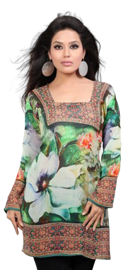 Tunic for Women 100% Cotton Digital Printed Square Neck Short Kurti Kurta Long Sleeves Tunic Top - 1090-L