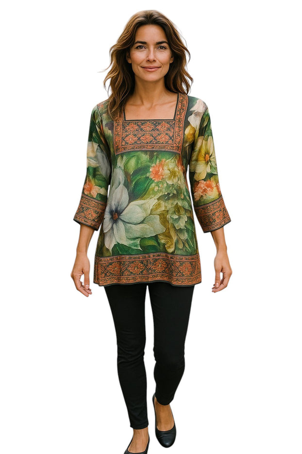 Digital Printed Pure cotton tunic, Multi color, Short Kurti, Soft and Breathable Top. - 1090-L