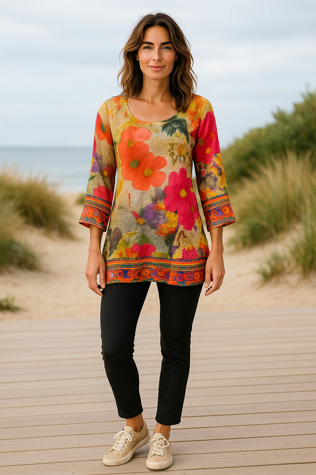 Digital Printed Pure cotton tunic, Multi color, Short Kurti, Soft and Breathable Top. - 1092-L