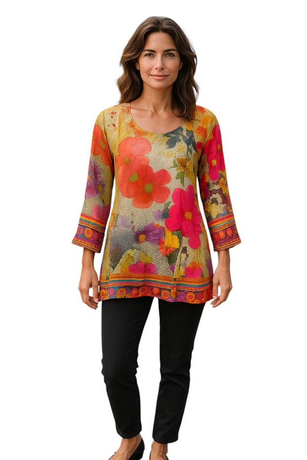 Digital Printed Pure cotton tunic, Multi color, Short Kurti, Soft and Breathable Top. - 1092-L