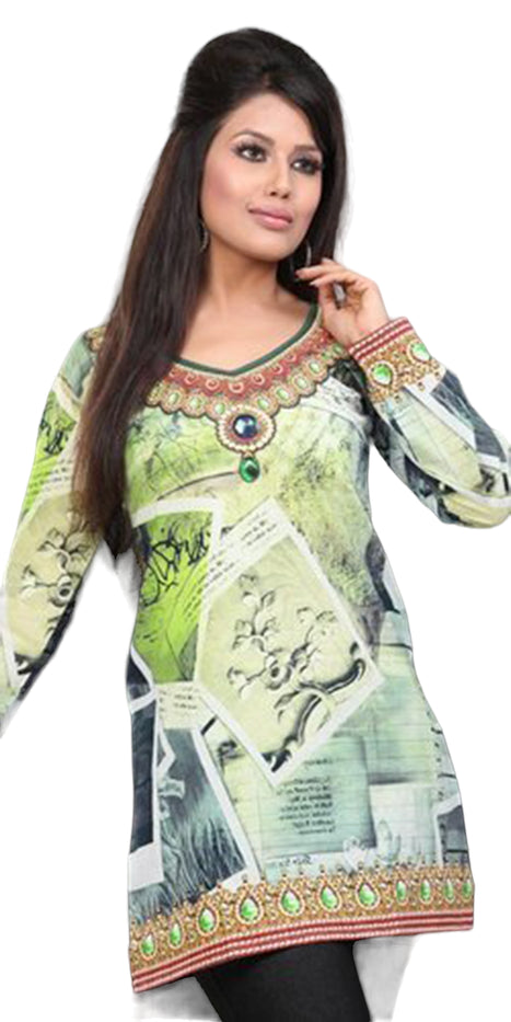 Tunic for Women 100% Cotton Digital Printed V-Neck Short Kurti Kurta Long Sleeves Tunic Top.