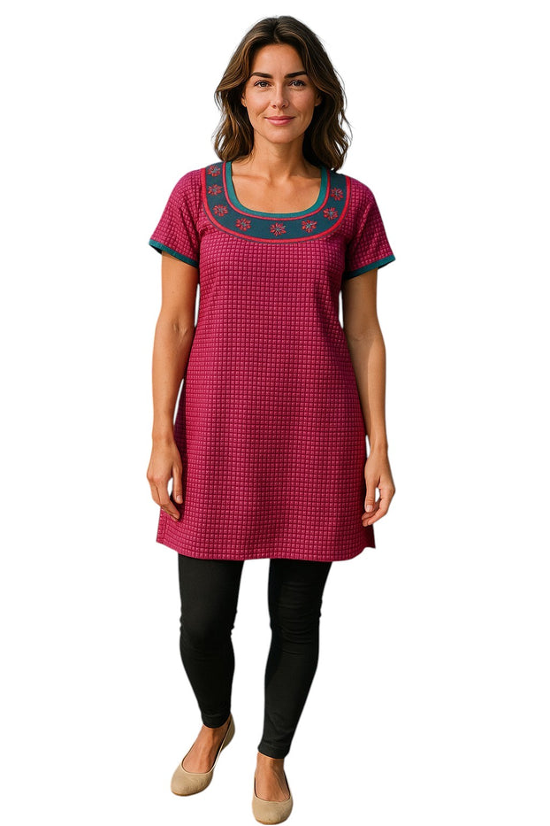 Tunic for Women Polkdot  Design with flower Patchwork Round neckline, Short Sleeves Kurta Top.