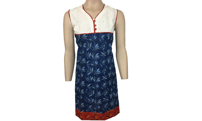 Tunic for Women Blue Leaf with V-Neck White and Red Piping around Neck Sleeveless Kurti, Kurta Tunic Top.